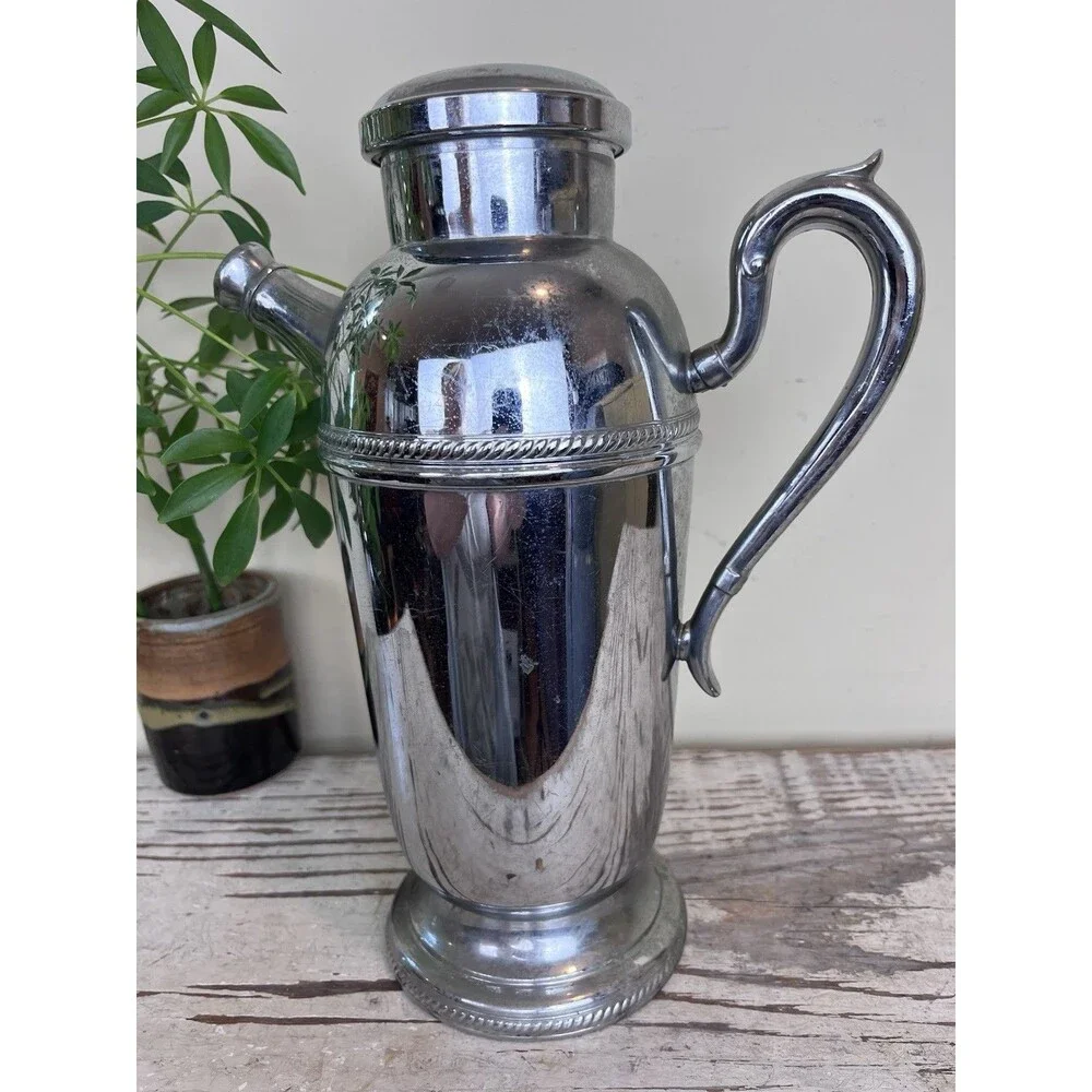 Vintage MCM Chrome Cocktail Pitcher Shaker Chrome Plated Martini Barware Deco